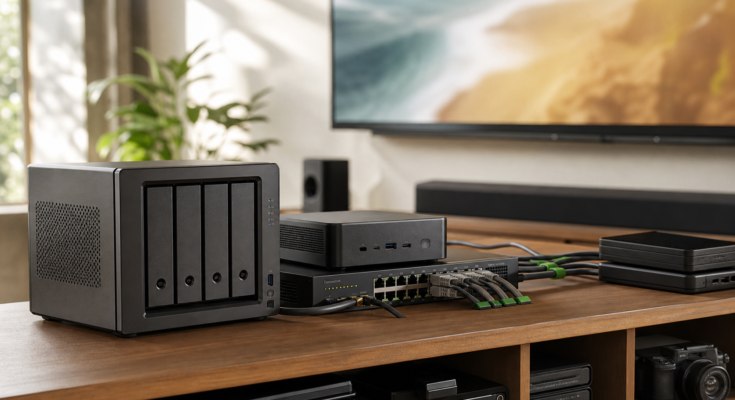 Warm home-lab media server bench with NAS, mini PC, network switch, and storage devices Warm home-lab media server bench with NAS, mini PC, network switch, and storage devices