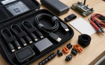 Mobile maker lab connector kit with USB-C cables, HDMI, Ethernet adapter, power meter, and strain relief accessories