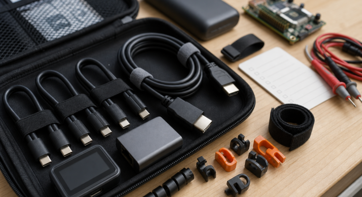 Mobile maker lab connector kit with USB-C cables, HDMI, Ethernet adapter, power meter, and strain relief accessories Mobile maker lab connector kit with USB-C cables, HDMI, Ethernet adapter, power meter, and strain relief accessories