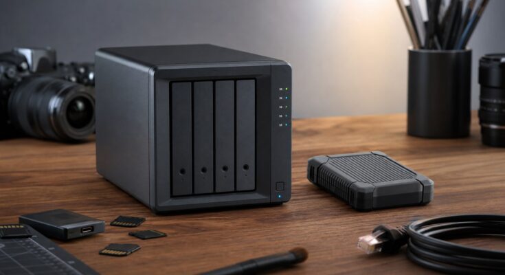 Generic NAS and rugged SSD on creator backup bench Generic NAS and rugged SSD on creator backup bench