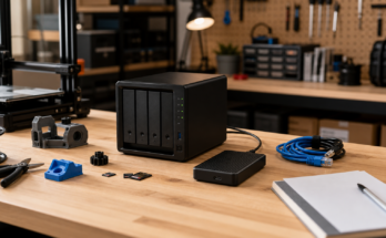 Professional maker-lab storage bench with a small NAS, external backup drive, 3D printer project parts, camera cards, Ethernet cables, and a paper che