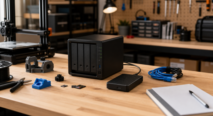 Professional maker-lab storage bench with a small NAS, external backup drive, 3D printer project parts, camera cards, Ethernet cables, and a paper che