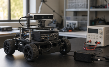 Realistic robotics lab edge-AI test station with a small mobile robot, depth camera, compact edge computer, power meter, and clean cable routing on a 