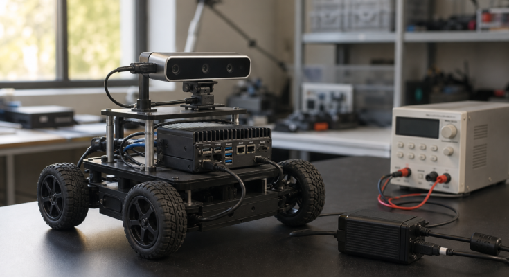 Realistic robotics lab edge-AI test station with a small mobile robot, depth camera, compact edge computer, power meter, and clean cable routing on a 