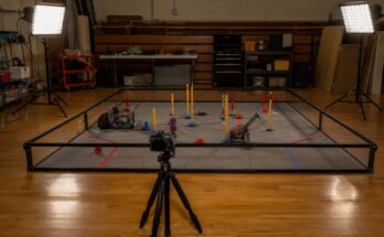 Portable LED panels lighting a small robot practice field