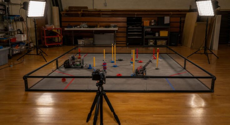 Portable LED panels lighting a small robot practice field Portable LED panels lighting a small robot practice field