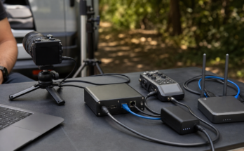 Documentary field-production table with unbranded compact video encoder, HDMI cable, Ethernet cable, small camera, audio recorder, battery pack and router