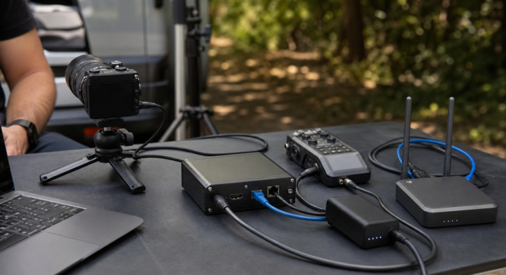 Documentary field-production table with unbranded compact video encoder, HDMI cable, Ethernet cable, small camera, audio recorder, battery pack and router