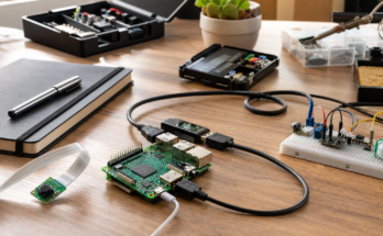 Professional documentary-style maker bench with a Raspberry Pi-sized single-board computer form factor, small camera module, breadboard sensors, USB power 