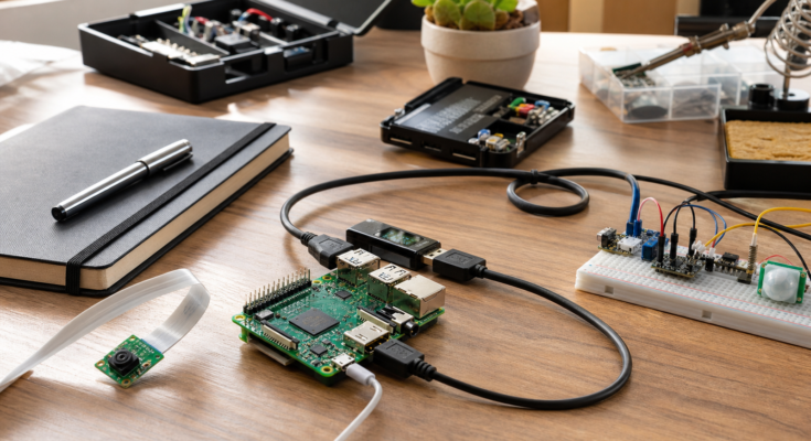 Professional documentary-style maker bench with a Raspberry Pi-sized single-board computer form factor, small camera module, breadboard sensors, USB power 