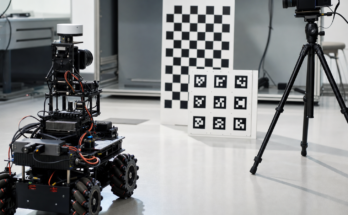  small wheeled robot facing a printed checkerboard and ArUco board under soft side lighting, tripod camera, no logos, no read