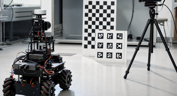 small wheeled robot facing a printed checkerboard and ArUco board under soft side lighting, tripod camera, no logos, no read small wheeled robot facing a printed checkerboard and ArUco board under soft side lighting, tripod camera, no logos, no read