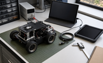 Robot lab workbench with small robot chassis, portable monitor, tablet, and test cables