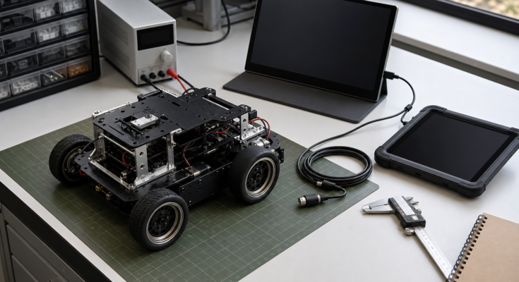 Robot lab workbench with small robot chassis, portable monitor, tablet, and test cables