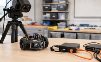 Tripod camera, HDMI capture box, Ethernet cable, and small robot on a classroom demo table