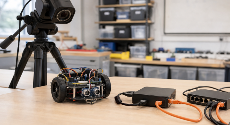 Tripod camera, HDMI capture box, Ethernet cable, and small robot on a classroom demo table