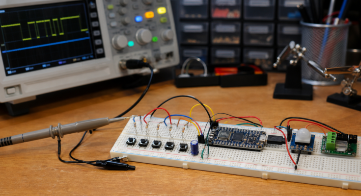 A pushbutton debouncing test bench with microcontroller, oscilloscope probe and tidy wiring. A pushbutton debouncing test bench with microcontroller, oscilloscope probe and tidy wiring.
