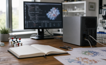 A scientific AI workstation with lab notes, molecule models and a compact compute stack.
