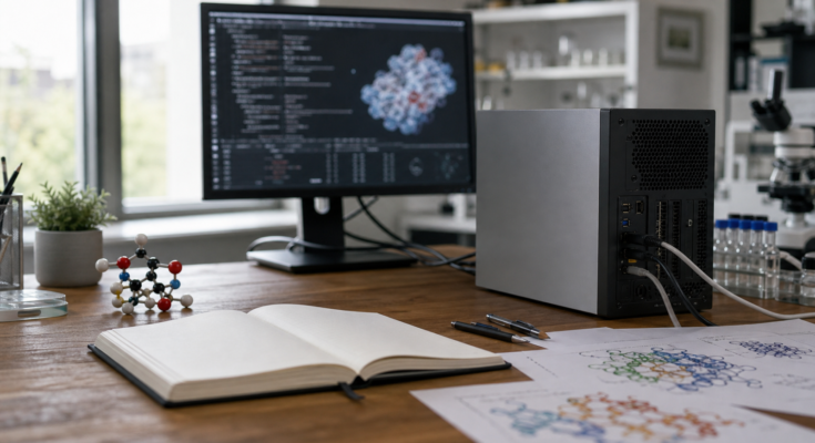 A scientific AI workstation with lab notes, molecule models and a compact compute stack. A scientific AI workstation with lab notes, molecule models and a compact compute stack.