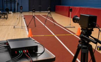 Timing gates, a camera tripod and a microcontroller data box arranged on an indoor track lane.