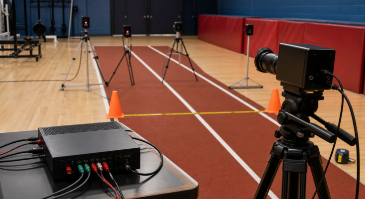 Timing gates, a camera tripod and a microcontroller data box arranged on an indoor track lane. Timing gates, a camera tripod and a microcontroller data box arranged on an indoor track lane.