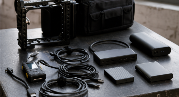 unbranded USB-C cables, portable SSDs, dock, camera cage, cable tester and battery pack, natural daylight, no logos, no read unbranded USB-C cables, portable SSDs, dock, camera cage, cable tester and battery pack, natural daylight, no logos, no read