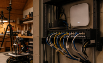  wall-mounted access point, Ethernet patch panel, robot cart, camera tripod and labeled cable tags that are not readable, war