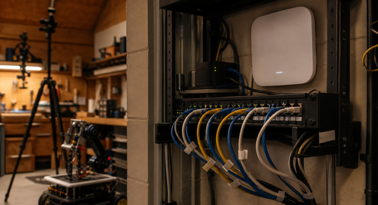  wall-mounted access point, Ethernet patch panel, robot cart, camera tripod and labeled cable tags that are not readable, war