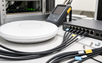 A generic Wi-Fi access point, 2.5G Ethernet switch, and neatly routed cables on a clean technical workbench.