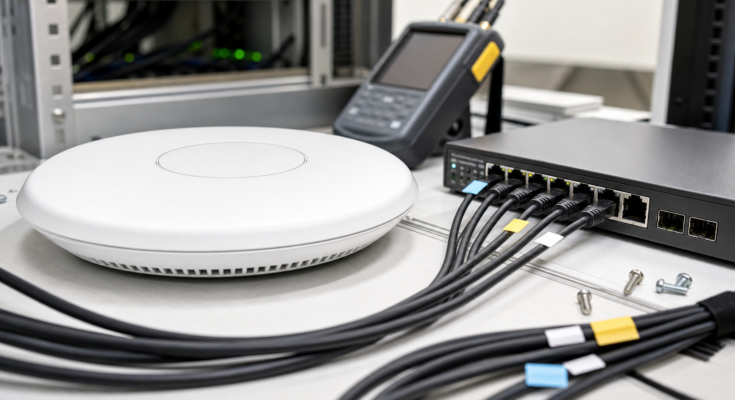 A generic Wi-Fi access point, 2.5G Ethernet switch, and neatly routed cables on a clean technical workbench. A generic Wi-Fi access point, 2.5G Ethernet switch, and neatly routed cables on a clean technical workbench.