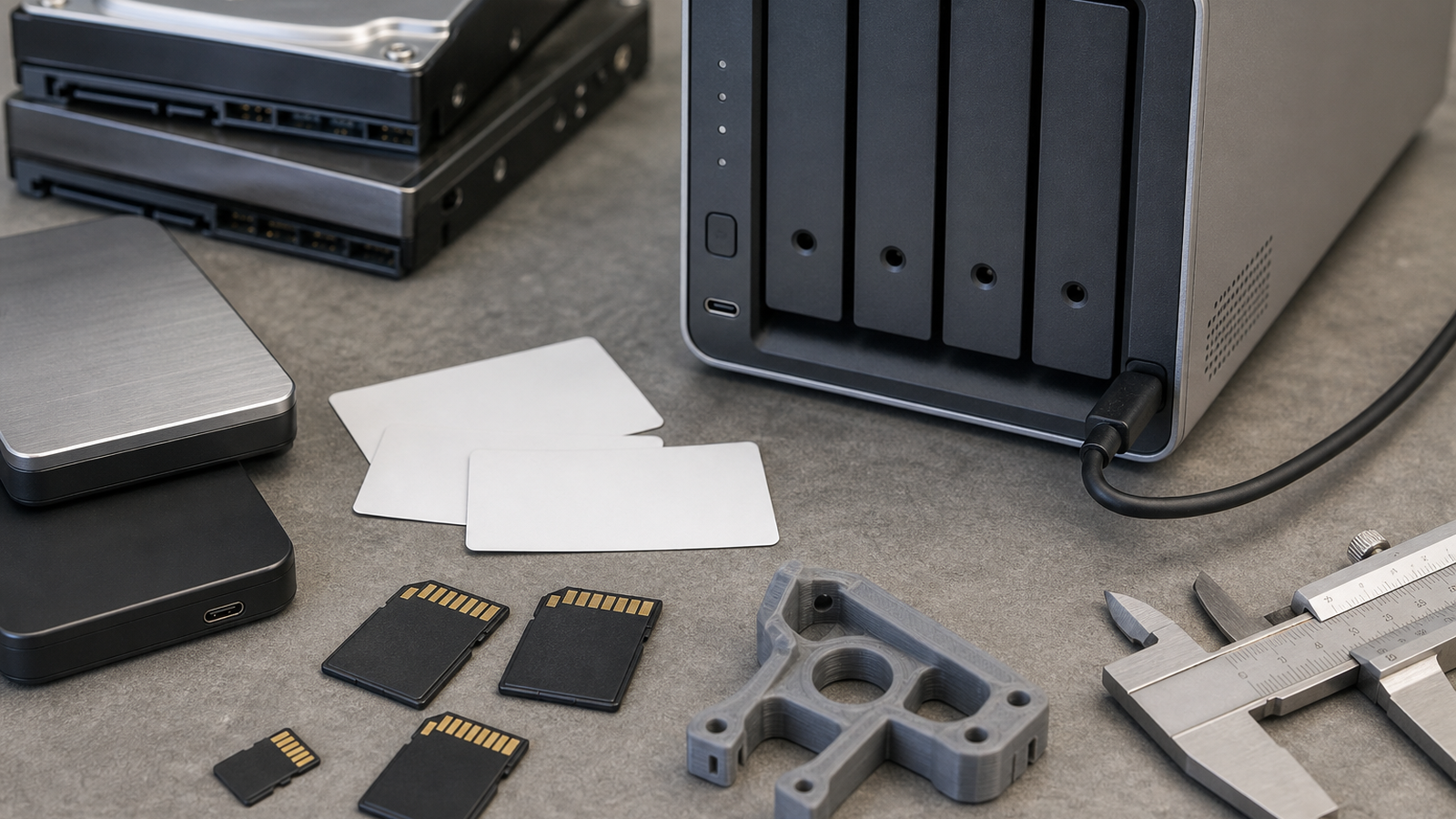Close-up of project drives, SD cards and blank labels beside a compact NAS