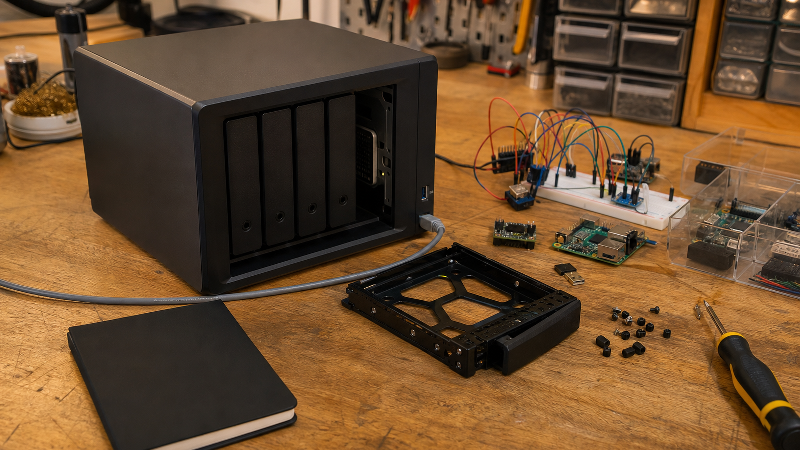 Workshop bench with NAS restore test setup and maker project components