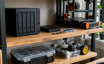 Maker lab storage shelf with NAS, 3D printer parts, camera cards and project drives