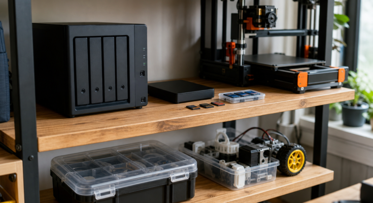 Maker lab storage shelf with NAS, 3D printer parts, camera cards and project drives