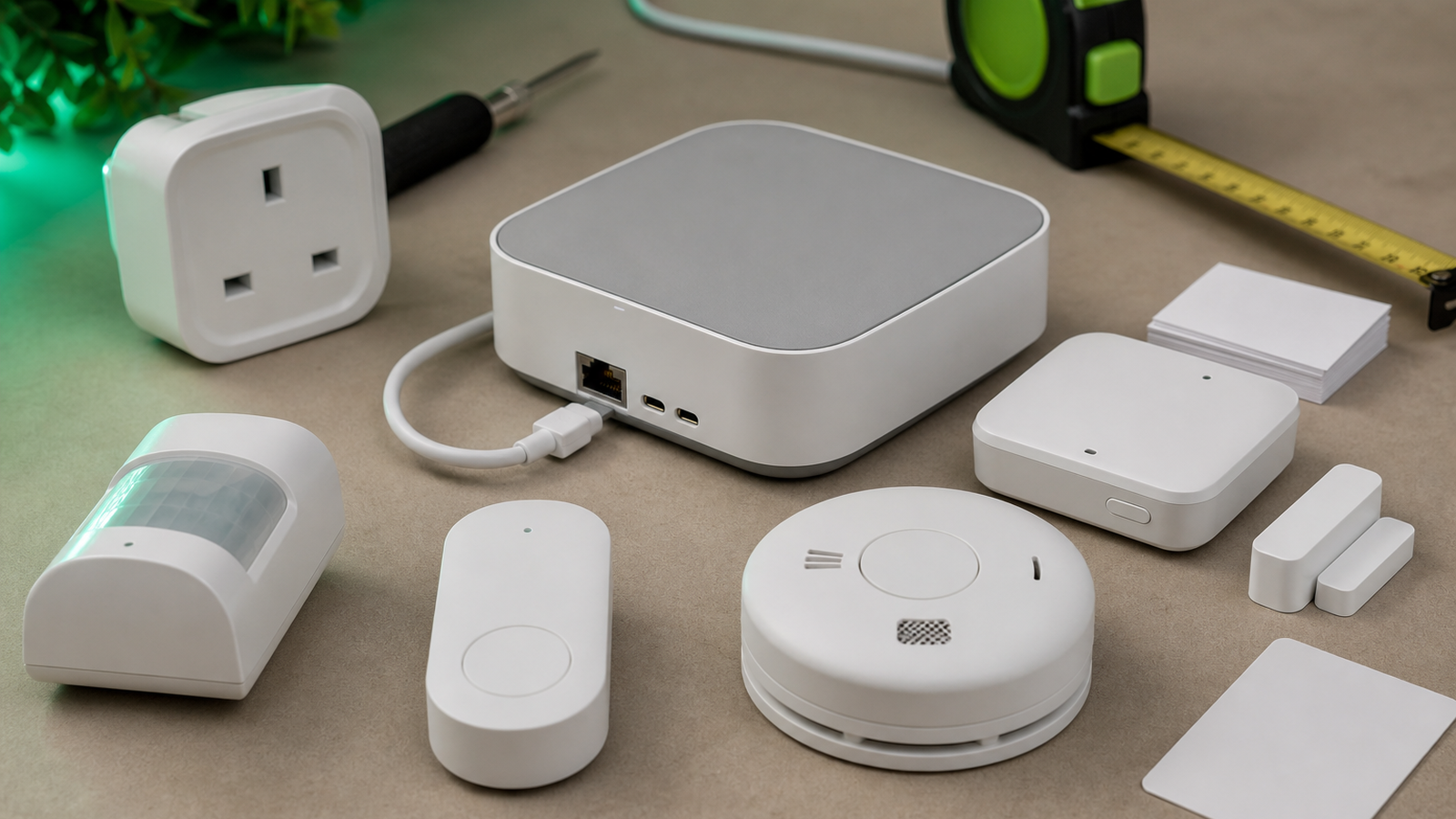 Close view of smart home sensor nodes arranged around a hub for range and commissioning tests