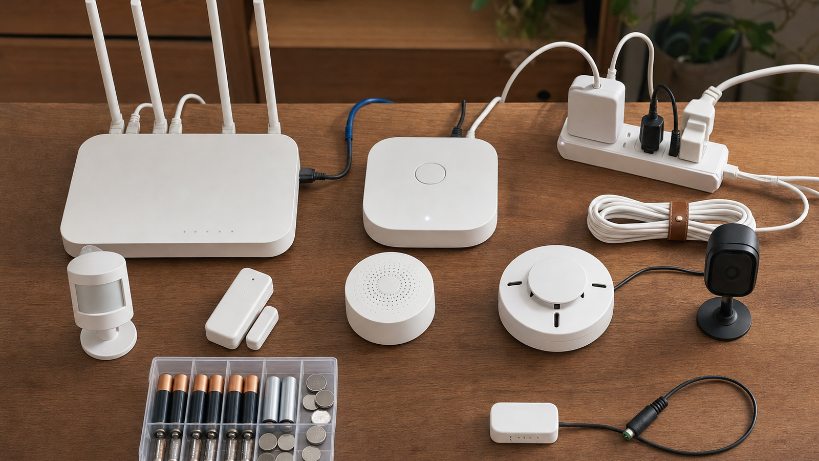 Home automation workbench with router, hub and sensor devices laid out for recovery testing