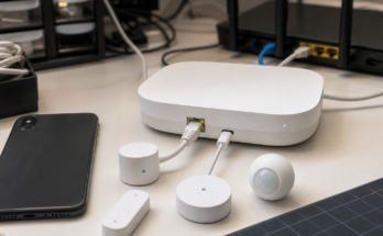 Smart home test bench with hub, Thread sensor nodes and mobile commissioning setup