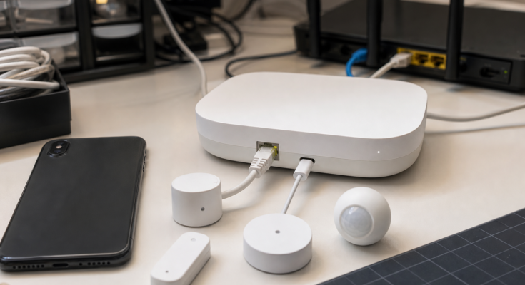 Smart home test bench with hub, Thread sensor nodes and mobile commissioning setup