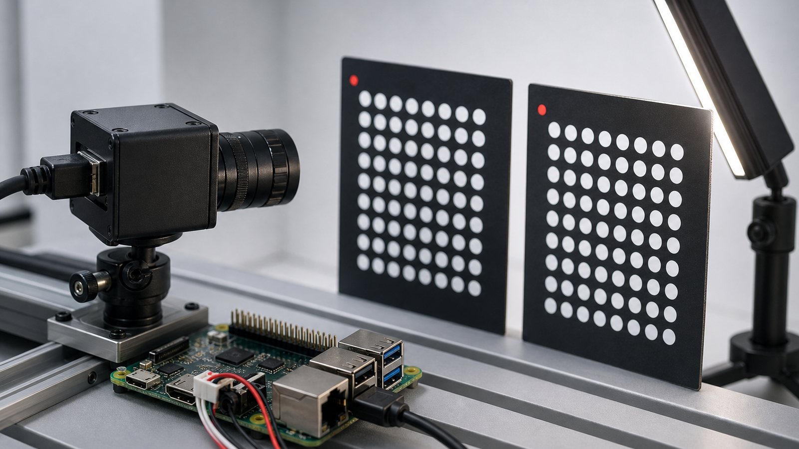 Close-up of robot camera aimed at matte target panels with controlled side lighting
