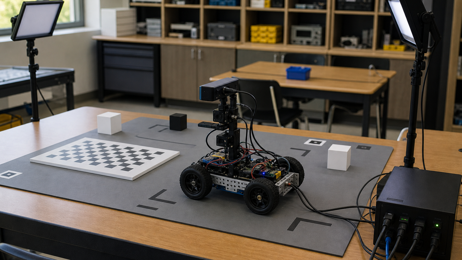 STEM robotics bench with light stands, robot chassis and calibration objects