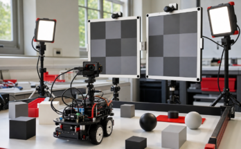 Student robotics vision test scene with camera, target panels and adjustable lights