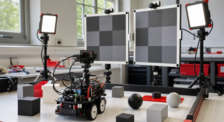 Student robotics vision test scene with camera, target panels and adjustable lights