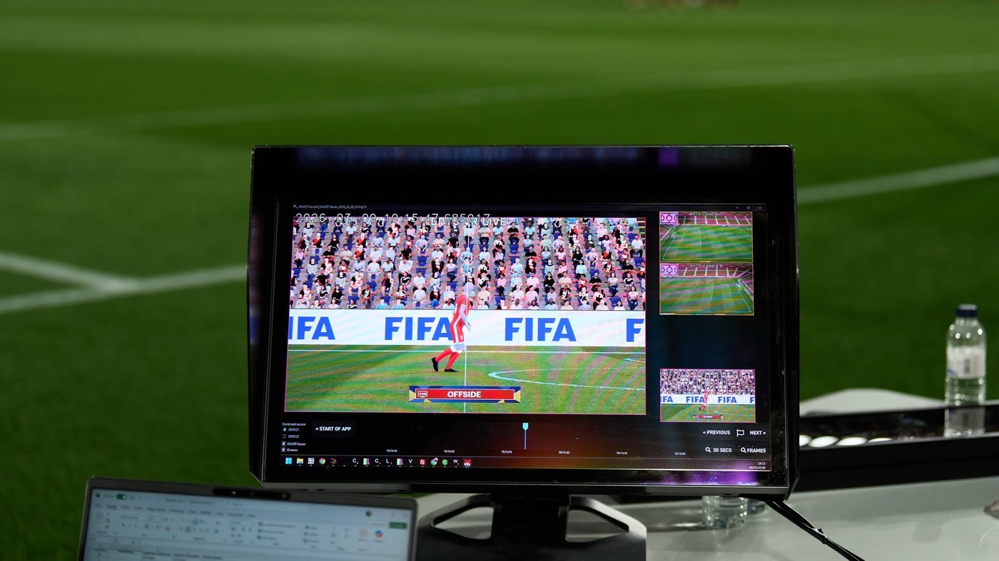FIFA innovation event screen showing advanced semi-automated offside technology certification output