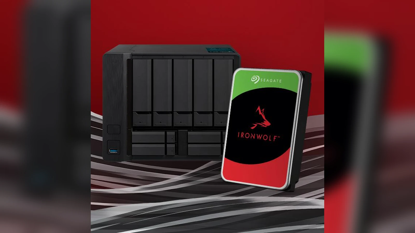 Seagate IronWolf hard drive beside a multi-bay NAS