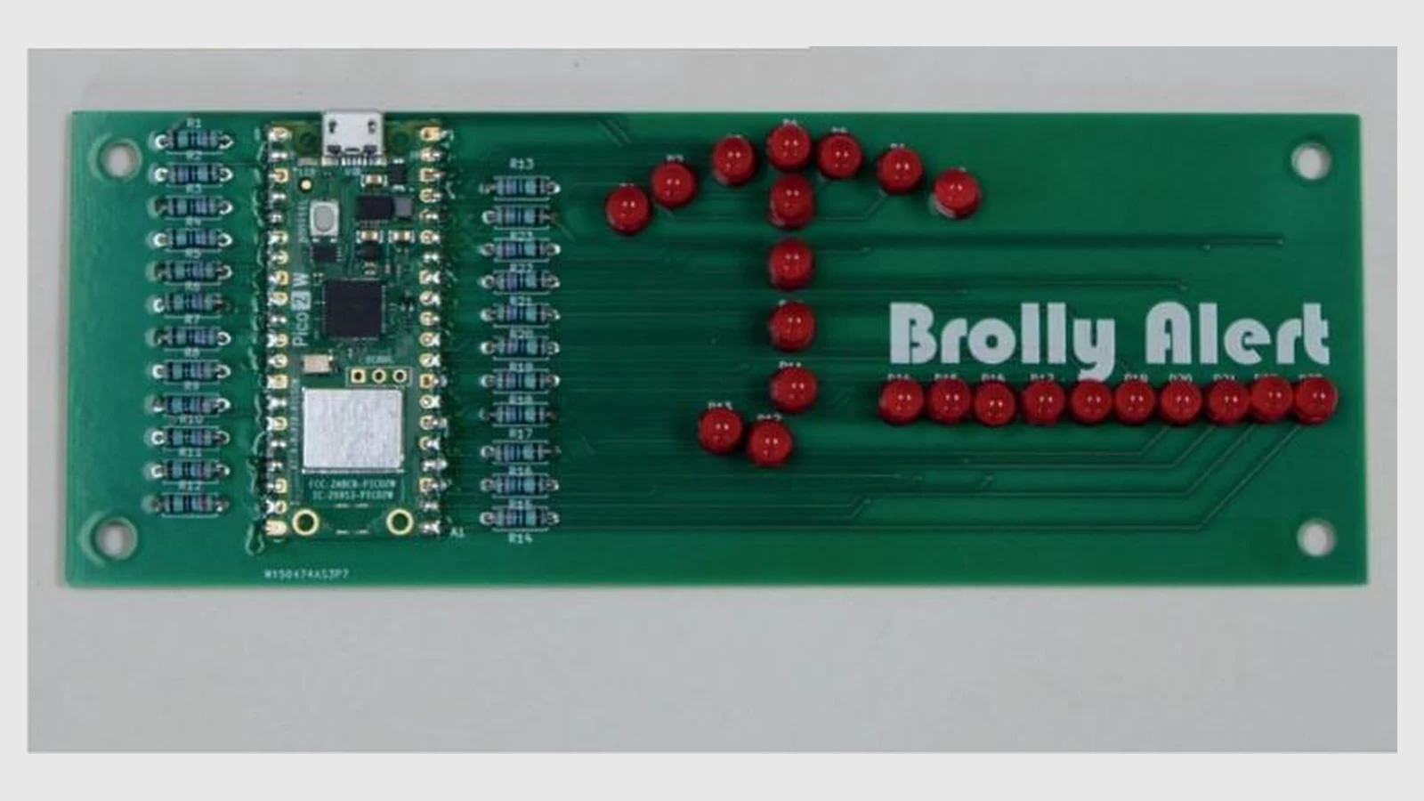 Raspberry Pi Pico W circuit board with umbrella-shaped LED layout