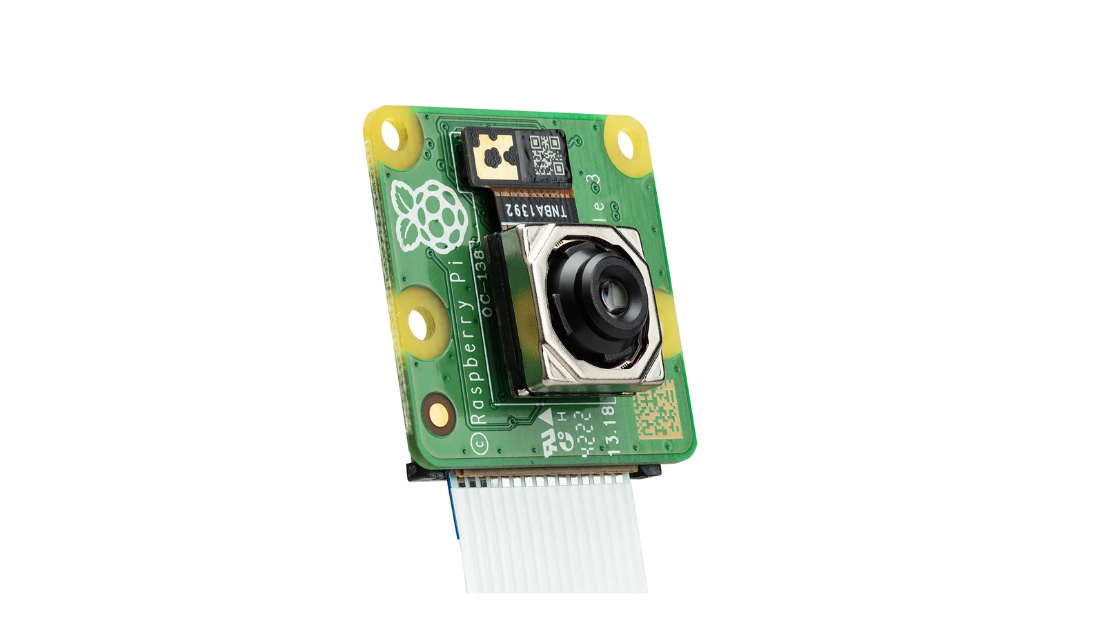 Front view of a Raspberry Pi Camera Module 3 with ribbon cable