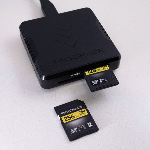 ProGrade Digital UHS-II SD cards and dual-slot reader in an official workflow photograph