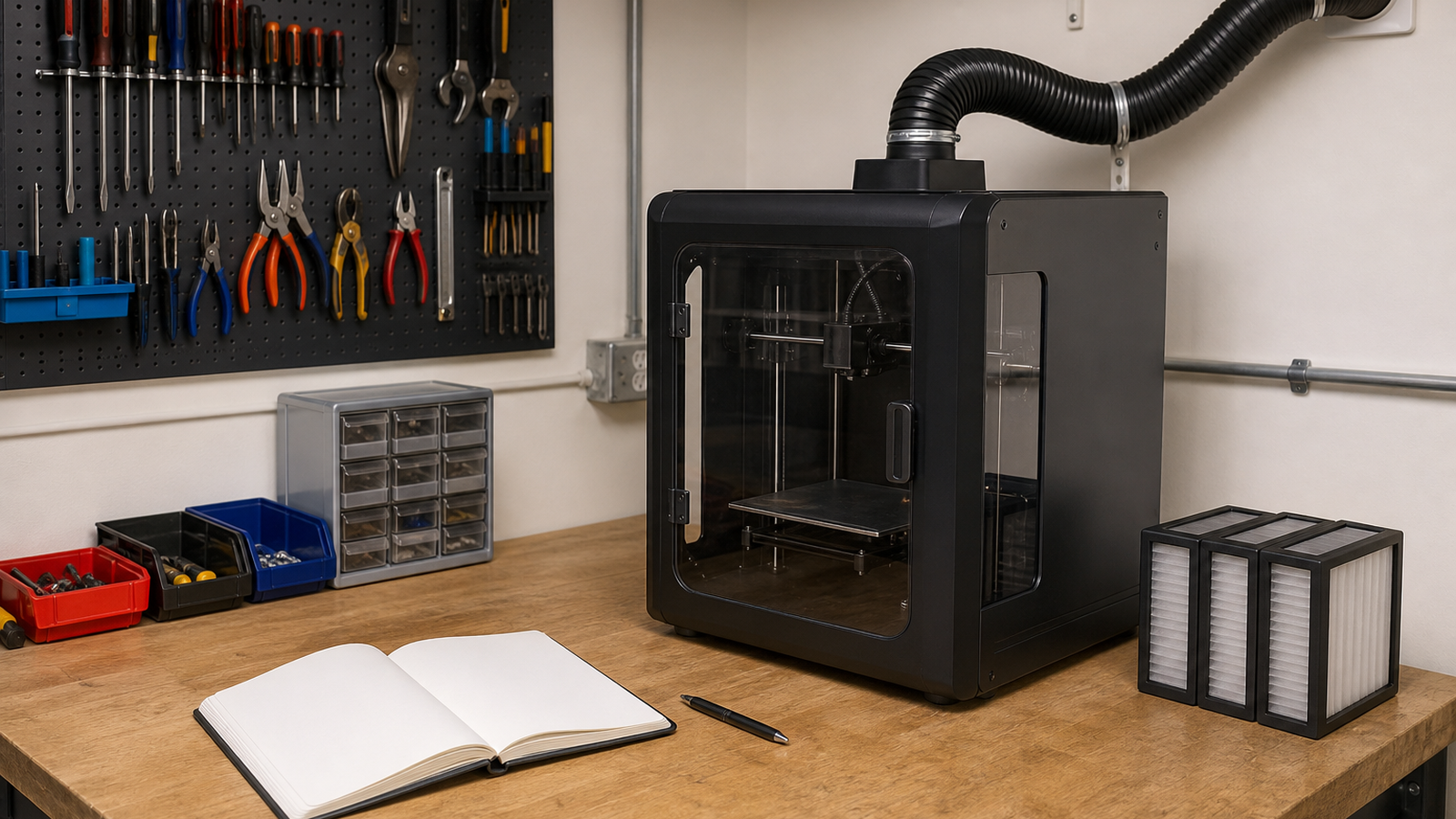 Makerspace bench showing enclosed printer, open checklist notebook, and clear airflow path