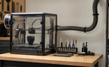 Organized maker lab with enclosed desktop 3D printer and routed ventilation duct