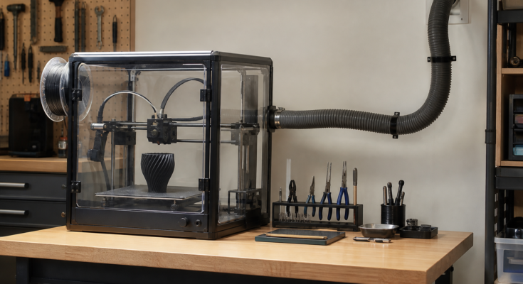 Organized maker lab with enclosed desktop 3D printer and routed ventilation duct